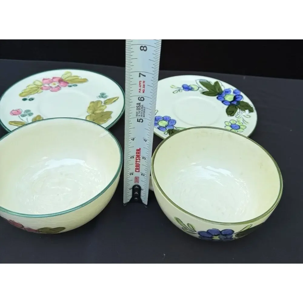 2 ITALIAN HAND-PAINTED FAIENCE SOUP BOWLS & SAUCERS EUC -A87